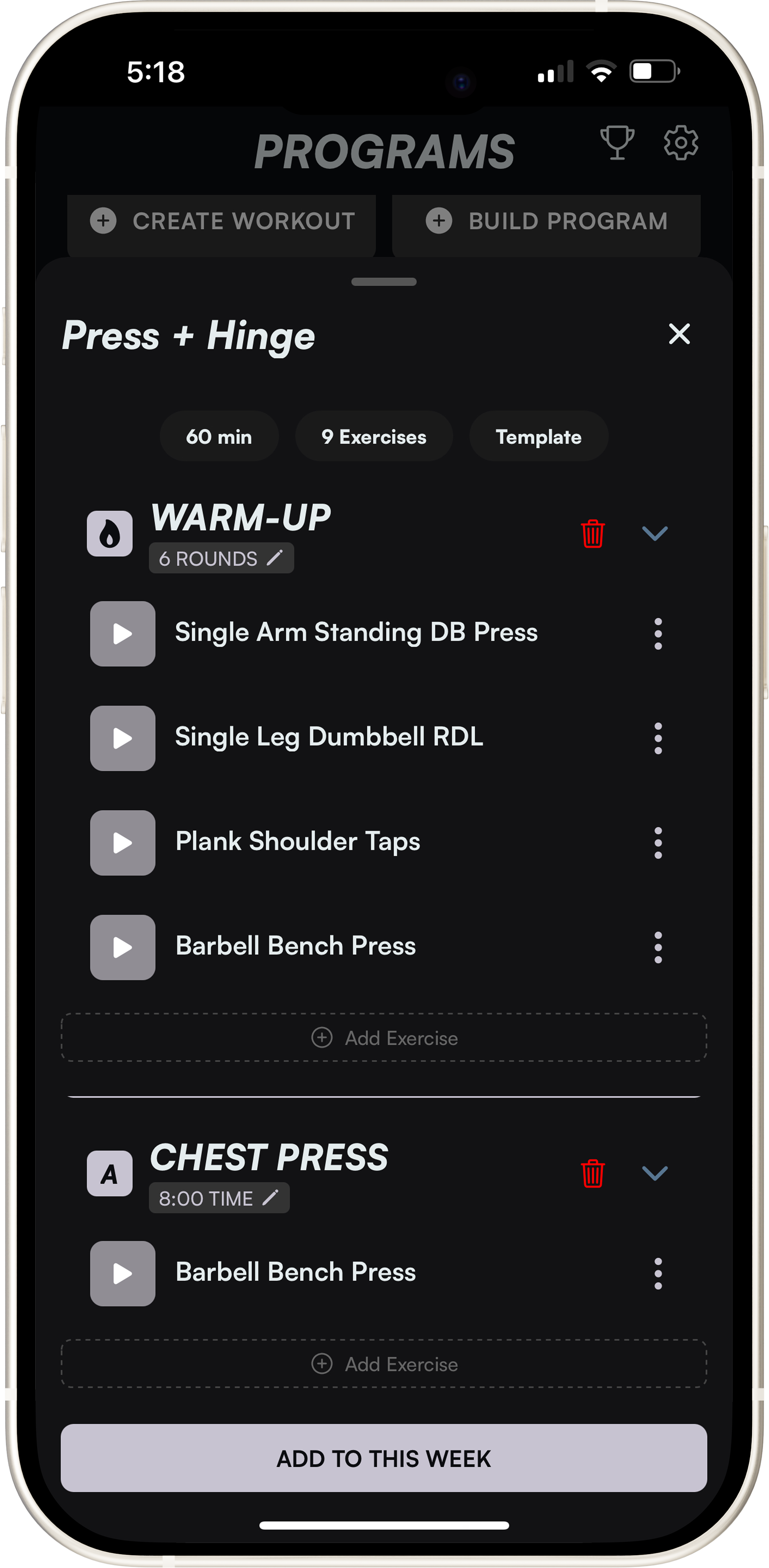 STRONGR Workout Template Interface